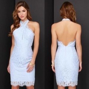 KEEPSAKE High Roads Powder Blue Lace Halter Dress.